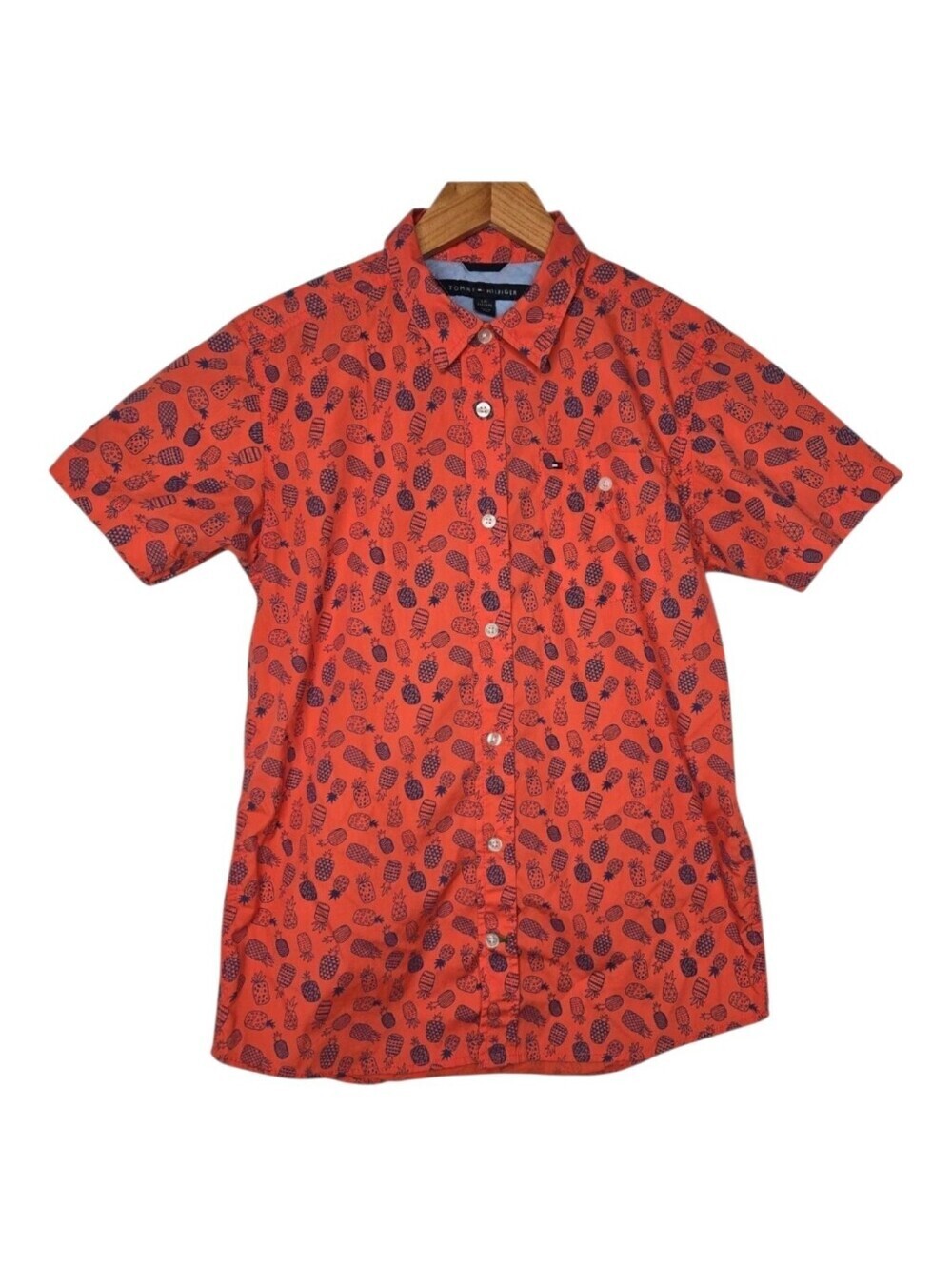 Tommy Hilfiger Youth Boys Orange Pineapple Print Short Sleeve Button Shirt Large